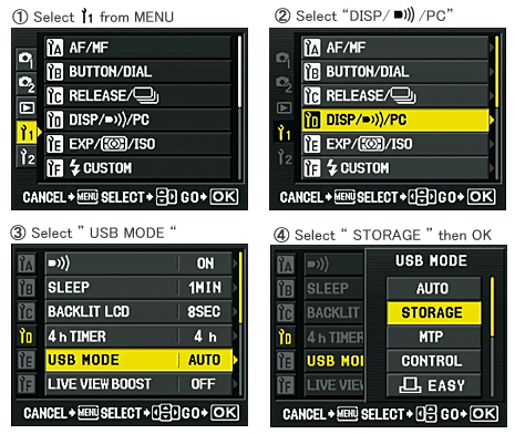 E-3 : Select "STORAGE" of the "USB MODE"