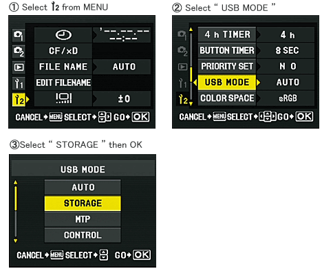 E-510 : Select "STORAGE" of the "USB MODE"