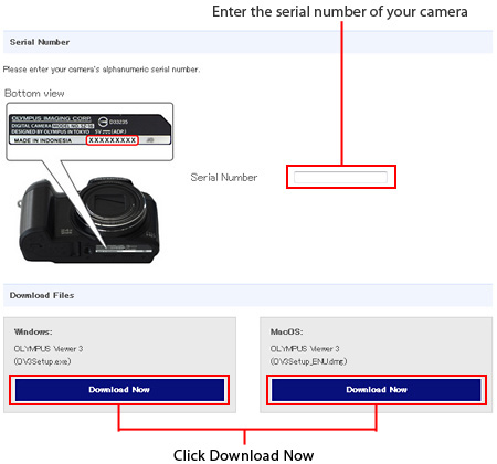 Enter your camera's serial number into the Serial Number box. Click Download Now for either Windows or Macintosh to download the software.