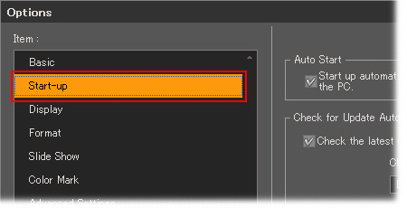 When the Options dialog box is displayed, click Start-up.