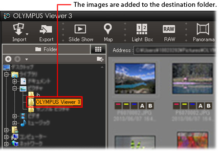 The pictures and movies are added to the destination folder you selected in procedure 4.