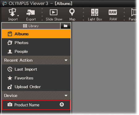 When OLYMPUS Viewer 3 is launched, click the camera model in Device.