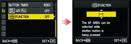 Press the MENU button, and then use the arrow pad to select (custom menu 1) BUTTON/DIAL and then FUNCTION.