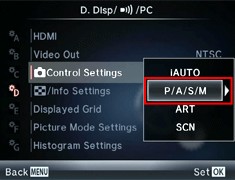 Select the shooting modes you want to have Live SCP, for example P,A / S / M, and press the right arrow button.