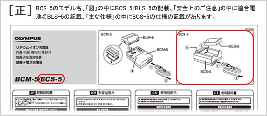 BCS-5のモデル名、「図」の中のBCS-5/BLS-5の記載、「安全上のご注意」の中の適合電池名BLS-5の記載、「主な仕様」のBCS-5の仕様の記載があります。